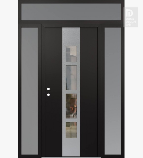 Modern Steel Front Door DIAMOND A10 60" X 96" BLACK/BLACK CLEAR GLASS PANEL STAINLESS STEEL RHI WITH 2 SIDELITES AND TRANSOM FROSTED GLASS