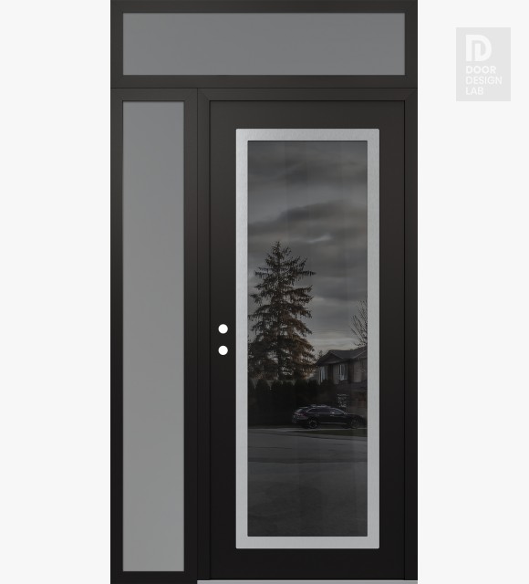 Modern Steel Front Door Diamond C1 48" x 96" black/black mirrored Glass Panel stainless steel RHI with Sidelite and Transom frosted Glass