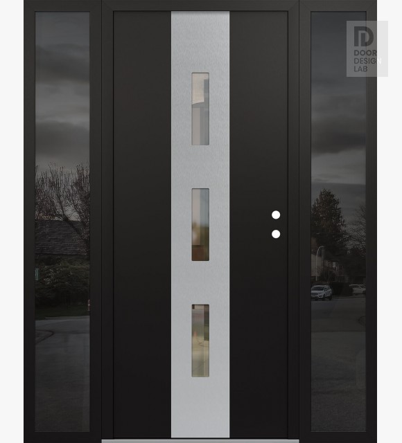 Modern Steel Front Door DIAMOND A7 68" X 80" BLACK/BLACK CLEAR GLASS PANEL STAINLESS STEEL LHI WITH 2 SIDELITES MIRRORED GLASS