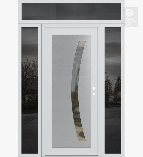 Modern Steel Front Door Diamond C4 68" x 96" white/white clear Glass Panel stainless steel LHI with 2 Sidelites and Transom mirrored Glass