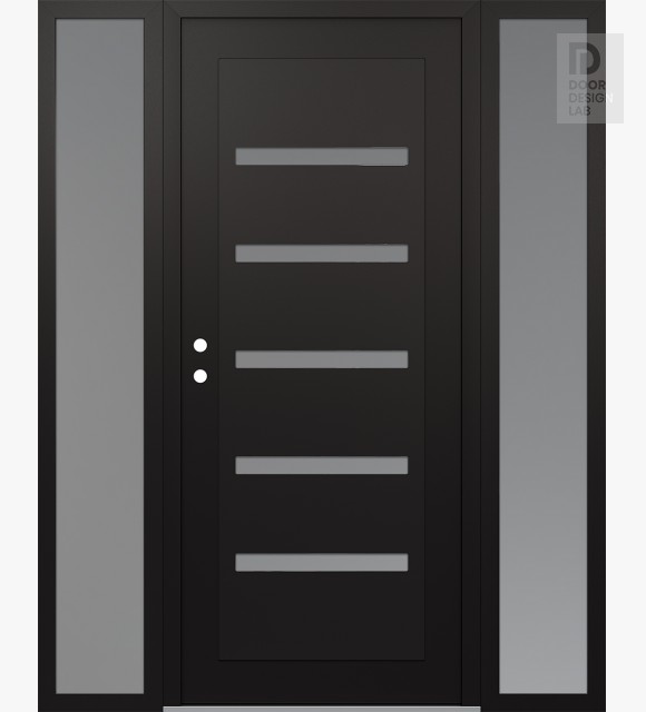 Modern Steel Front Door Diamond C7 60" x 80" black/white frosted Glass Panel black RHI with 2 Sidelites frosted Glass