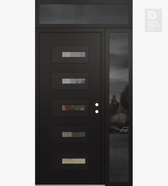 Modern Steel Front Door Diamond D6 48" x 96" black/black clear Glass Panel black LHI with Sidelite and Transom mirrored Glass