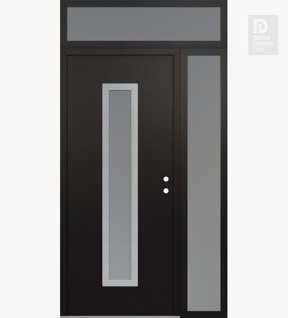 Modern Steel Front Door DIAMOND A11 52" X 96" BLACK/WHITE FROSTED GLASS PANEL STAINLESS STEEL LHI WITH SIDELITE AND TRANSOM FROSTED GLASS