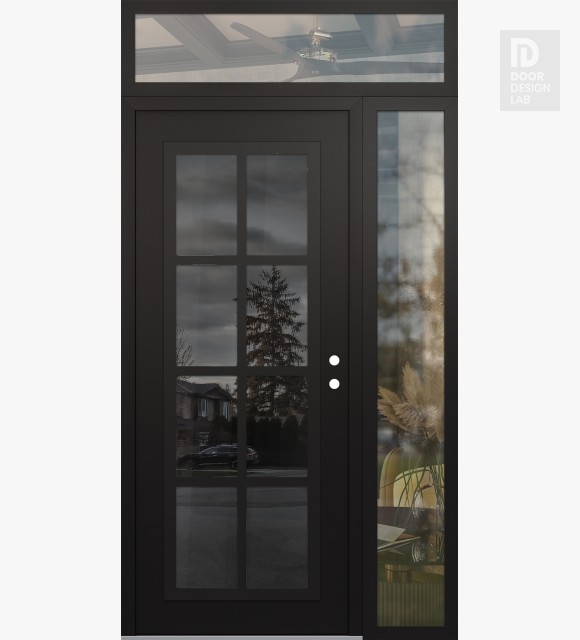 Modern Steel Front Door Diamond C16 50" x 96" black/black mirrored Glass Panel black LHI with Sidelite and Transom clear Glass