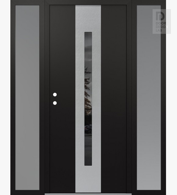 Modern Steel Front Door DIAMOND A2 60" X 80" BLACK/BLACK MIRRORED GLASS PANEL STAINLESS STEEL RHI WITH 2 SIDELITES FROSTED GLASS