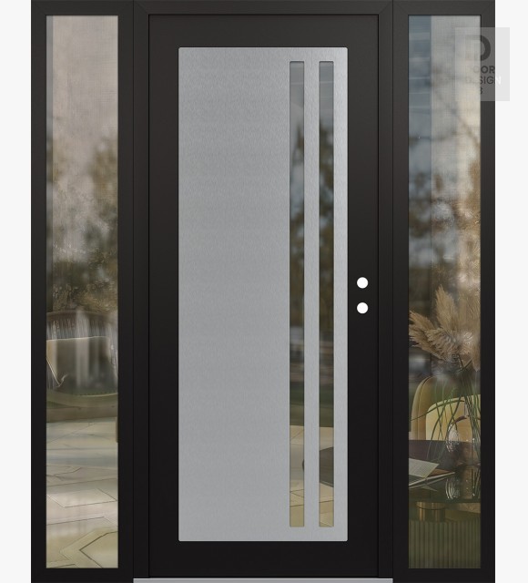 Modern Steel Front Door Diamond C6 64" x 80" black/black clear Glass Panel stainless steel LHI with 2 Sidelites clear Glass