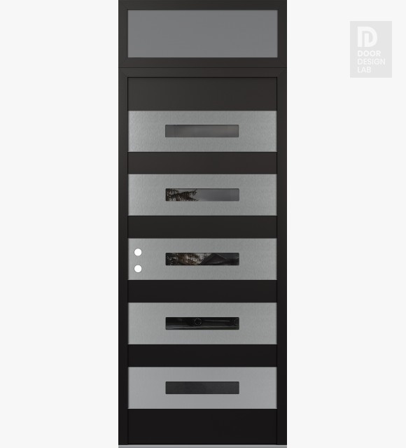 Modern Steel Front Door Diamond D9 36" x 96" black/black mirrored Glass Panel stainless steel RHI with Transom frosted Glass
