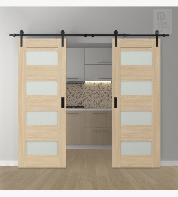 DOUBLE BARN DOOR AVON 07-08 VETRO LOIRE ASH 56" X 80" X 1 3/4" BLACK HARDWARE