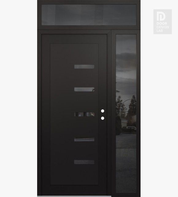 Modern Steel Front Door Diamond C8 52" x 96" black/black mirrored Glass Panel black LHI with Sidelite and Transom mirrored Glass