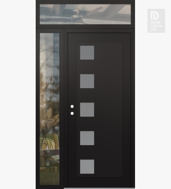 Modern Steel Front Door Diamond C5 48" x 96" black/white frosted Glass Panel black RHI with Sidelite and Transom clear Glass
