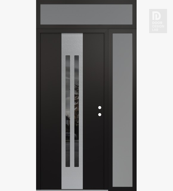 Modern Steel Front Door DIAMOND A8 50" X 96" BLACK/BLACK MIRRORED GLASS PANEL STAINLESS STEEL LHI WITH SIDELITE AND TRANSOM FROSTED GLASS