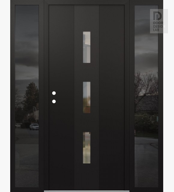 Modern Steel Front Door DIAMOND A7 60" X 80" BLACK/BLACK CLEAR GLASS PANEL BLACK RHI WITH 2 SIDELITES MIRRORED GLASS
