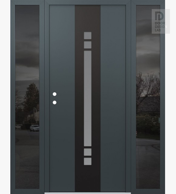 Modern Steel Front Door DIAMOND A4 60" X 80" ANTHRACITE/ANTHRACITE FROSTED GLASS PANEL BLACK RHI WITH 2 SIDELITES MIRRORED GLASS