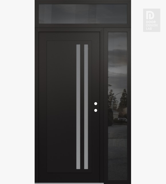 Modern Steel Front Door Diamond C6 52" x 96" black/white frosted Glass Panel black LHI with Sidelite and Transom mirrored Glass