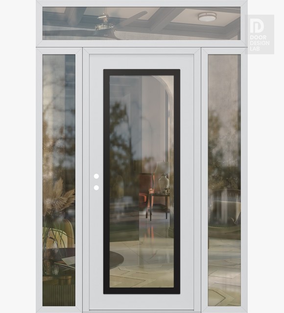 Modern Steel Front Door Diamond C1 68" x 96" white/white clear Glass Panel black RHI with 2 Sidelites and Transom clear Glass