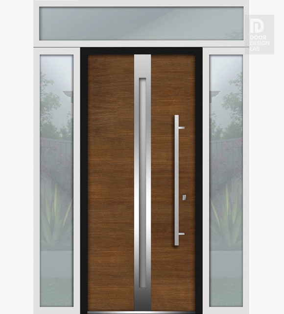 Front Exterior Prehung Steel Door / Deux 1744 Natural Oak / 2 Side and Top Exterior White Window / Stainless Inserts Single Modern Painted-W14+36+14" x H80+16"-Left-hand Inswing