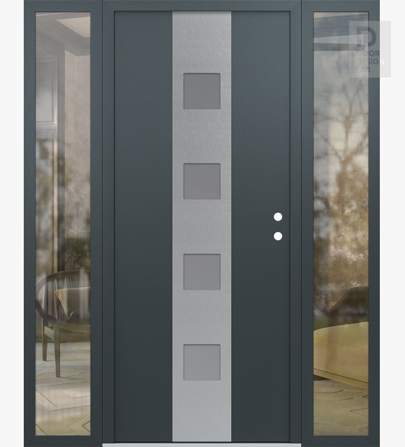 Modern Steel Front Door DIAMOND A12 64" X 80" ANTHRACITE/ANTHRACITE FROSTED GLASS PANEL STAINLESS STEEL LHI WITH 2 SIDELITES CLEAR GLASS