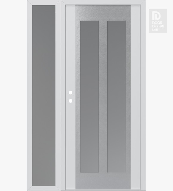 Modern Steel Front Door Diamond C14 52" x 80" white/white frosted Glass Panel stainless steel RHI with Sidelite frosted Glass