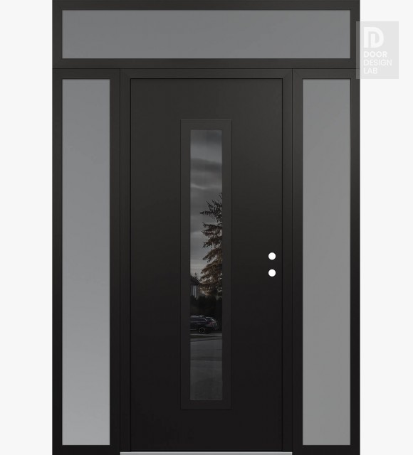 Modern Steel Front Door DIAMOND A11 64" X 96" BLACK/BLACK MIRRORED GLASS PANEL BLACK LHI WITH 2 SIDELITES AND TRANSOM FROSTED GLASS