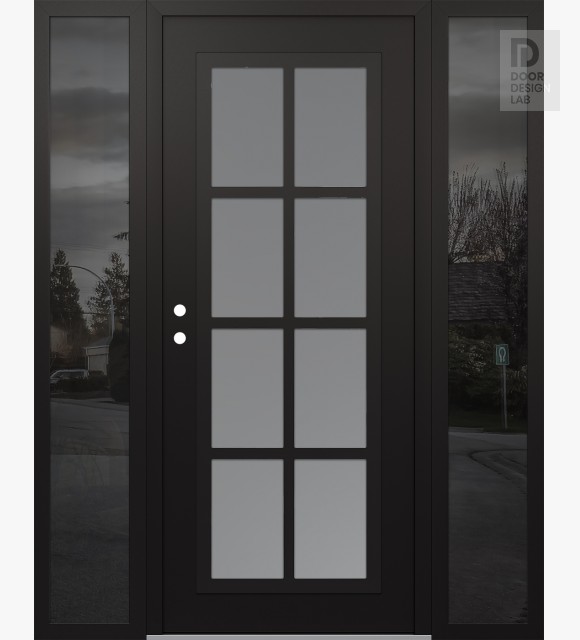 Modern Steel Front Door Diamond C16 60" x 80" black/white frosted Glass Panel black RHI with 2 Sidelites mirrored Glass