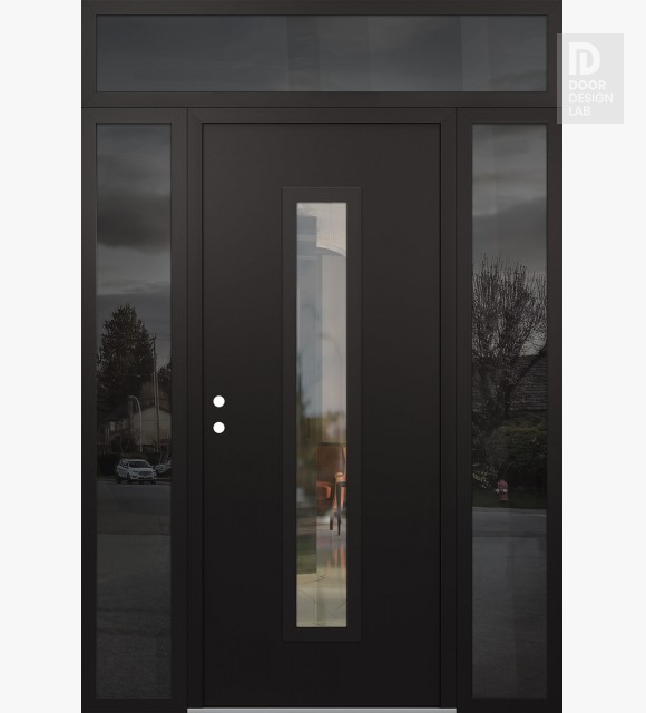 Modern Steel Front Door DIAMOND A11 68" X 96" BLACK/BLACK CLEAR GLASS PANEL BLACK RHI WITH 2 SIDELITES AND TRANSOM MIRRORED GLASS