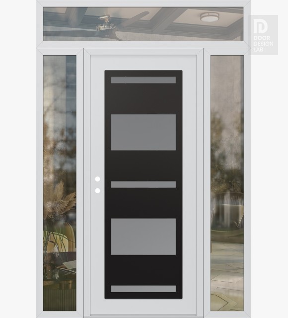 Modern Steel Front Door Diamond C10 68" x 96" white/white frosted Glass Panel black RHI with 2 Sidelites and Transom clear Glass