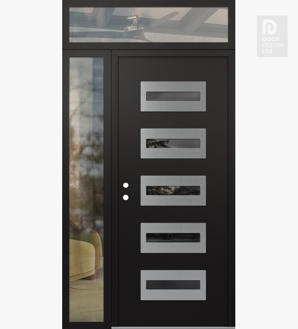 Modern Steel Front Door Diamond D4 52" x 96" black/black mirrored Glass Panel stainless steel RHI with Sidelite and Transom clear Glass