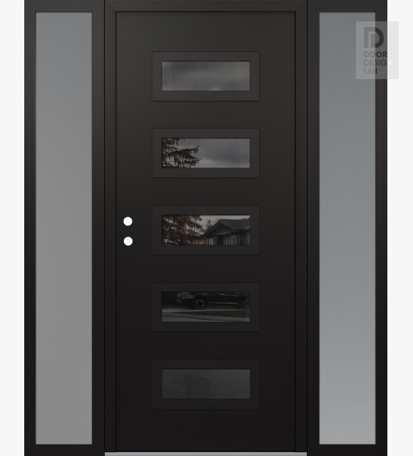 Modern Steel Front Door Diamond D1 64" x 80" black/black mirrored Glass Panel black RHI with 2 Sidelites frosted Glass