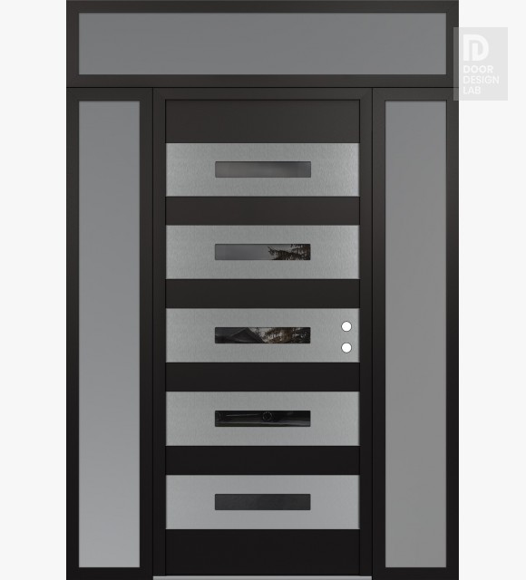 Modern Steel Front Door Diamond D9 64" x 96" black/black mirrored Glass Panel stainless steel LHI with 2 Sidelites and Transom frosted Glass