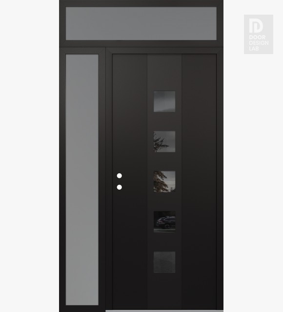 Modern Steel Front Door DIAMOND A13 52" X 96" BLACK/BLACK MIRRORED GLASS PANEL BLACK RHI WITH SIDELITE AND TRANSOM FROSTED GLASS