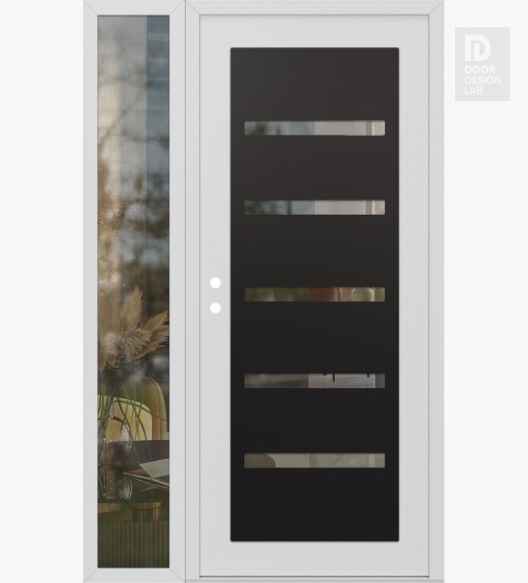 Modern Steel Front Door Diamond C7 52" x 80" white/white clear Glass Panel black RHI with Sidelite clear Glass
