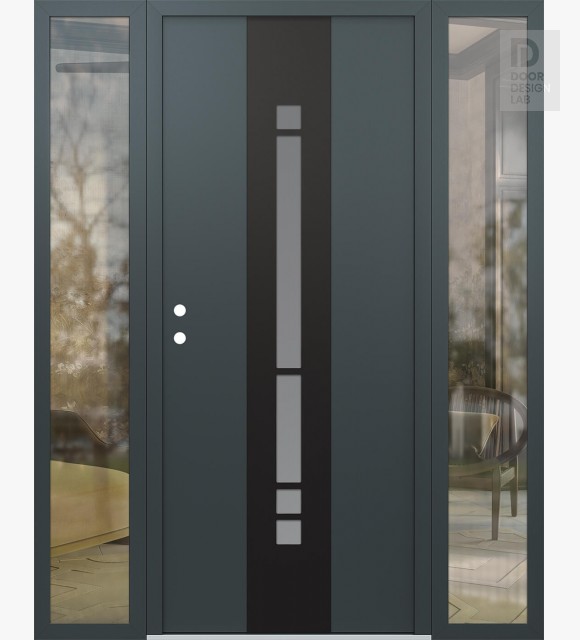 Modern Steel Front Door DIAMOND A3 68" X 80" ANTHRACITE/ANTHRACITE FROSTED GLASS PANEL BLACK RHI WITH 2 SIDELITES CLEAR GLASS