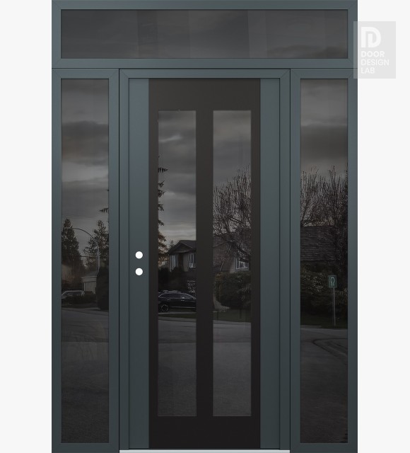 Modern Steel Front Door Diamond C14 68" x 96" anthracite/anthracite mirrored Glass Panel black RHI with 2 Sidelites and Transom mirrored Glass