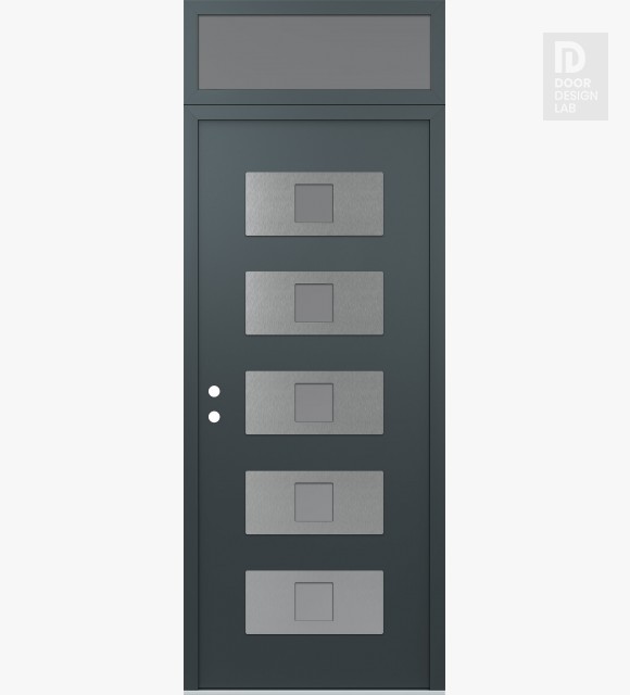 Modern Steel Front Door Diamond D8 36" x 96" anthracite/anthracite frosted Glass Panel stainless steel RHI with Transom frosted Glass