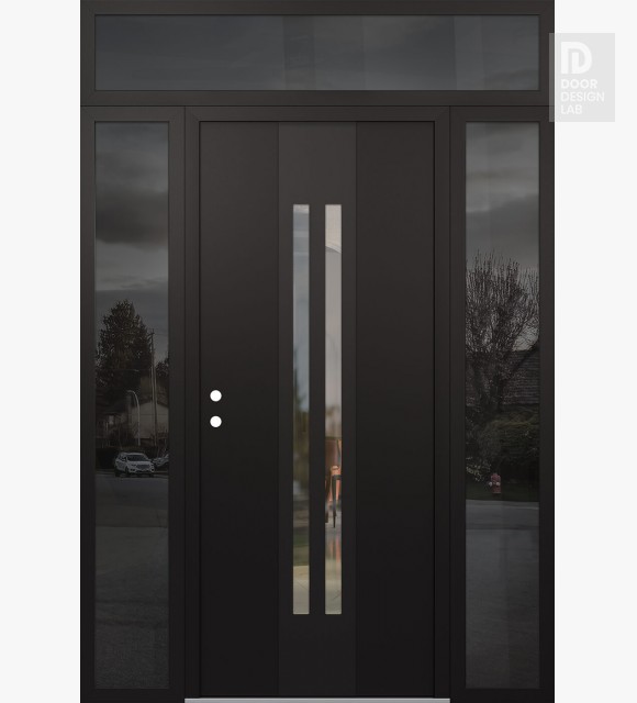 Modern Steel Front Door DIAMOND A8 60" X 96" BLACK/BLACK CLEAR GLASS PANEL BLACK RHI WITH 2 SIDELITES AND TRANSOM MIRRORED GLASS