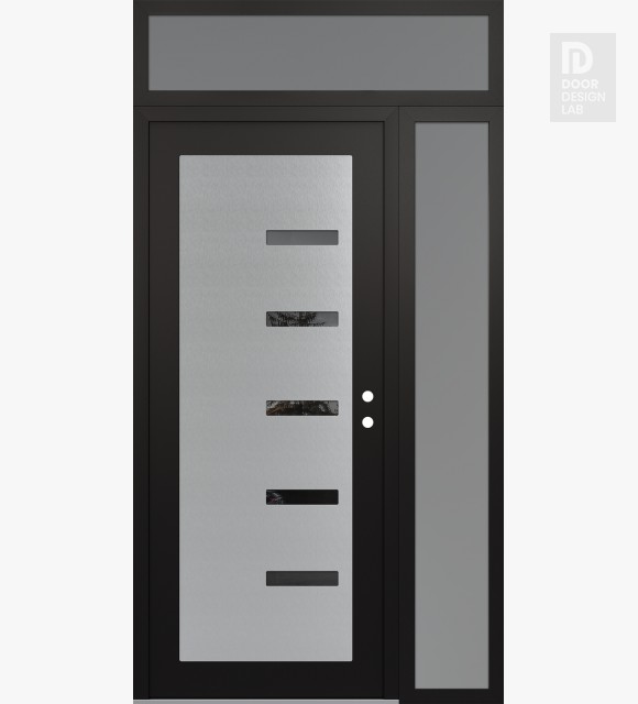 Modern Steel Front Door Diamond C8 48" x 96" black/black mirrored Glass Panel stainless steel LHI with Sidelite and Transom frosted Glass