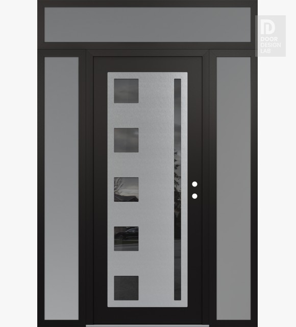 Modern Steel Front Door Diamond C3 64" x 96" black/black mirrored Glass Panel stainless steel LHI with 2 Sidelites and Transom frosted Glass