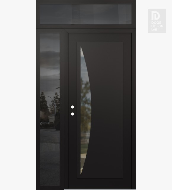 Modern Steel Front Door Diamond C13 50" x 96" black/black clear Glass Panel black RHI with Sidelite and Transom mirrored Glass