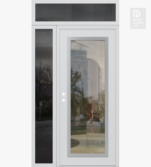 Modern Steel Front Door Diamond C1 48" x 96" white/white clear Glass Panel stainless steel RHI with Sidelite and Transom mirrored Glass