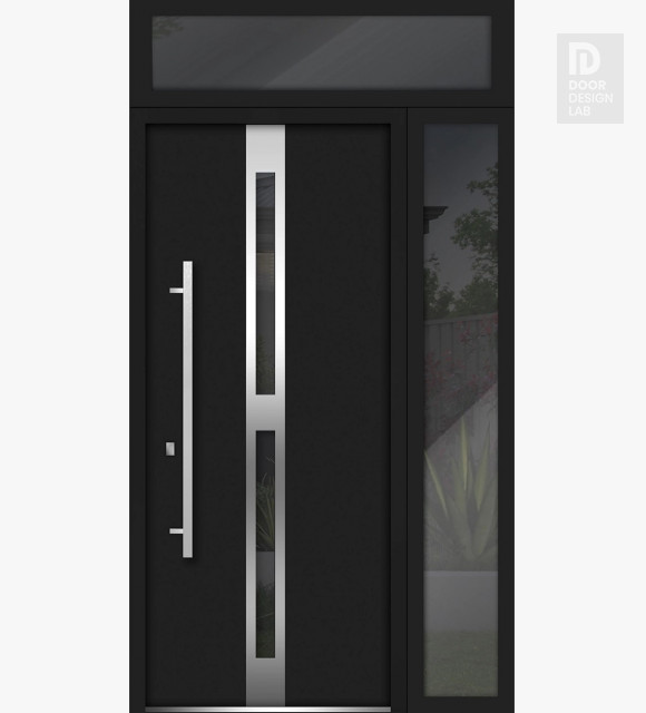 Front Exterior Prehung Steel Door / Deux 1755 Black Enamel / Side and Top Exterior Window / Stainless Inserts Single Modern Painted-W36+16" x H80+16"-Right-hand Inswing