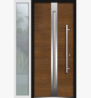 Brown Front Exterior Prehung Steel Door / Deux 1744 / Side Exterior White Window / Stainless Inserts Single Modern Painted-W36+14" x H80"-Left-hand Inswing