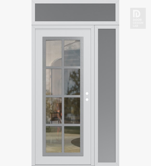 Modern Steel Front Door Diamond C16 48" x 96" white/white clear Glass Panel stainless steel LHI with Sidelite and Transom frosted Glass