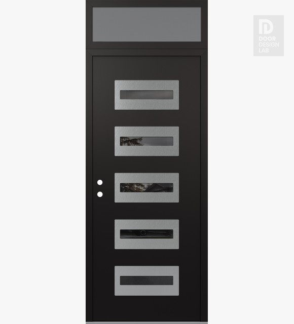 Modern Steel Front Door Diamond D4 36" x 96" black/black mirrored Glass Panel stainless steel RHI with Transom frosted Glass