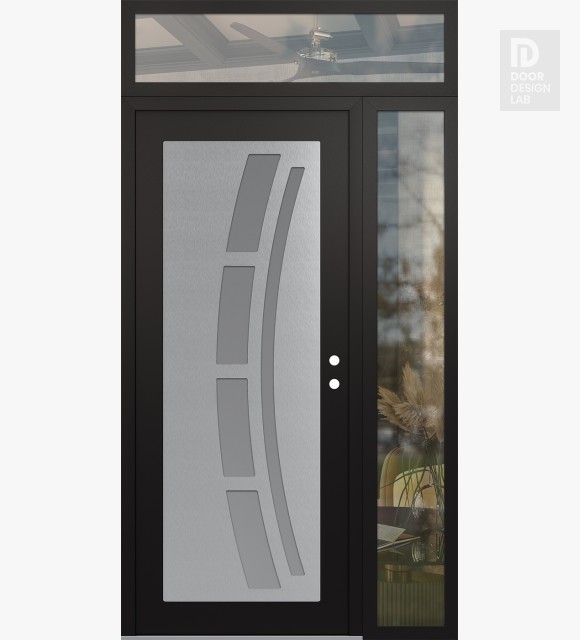 Modern Steel Front Door Diamond C12 52" x 96" black/white frosted Glass Panel stainless steel LHI with Sidelite and Transom clear Glass