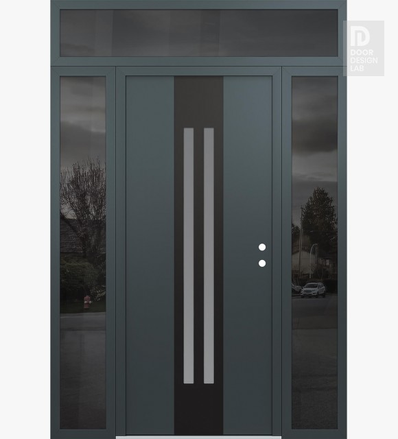 Modern Steel Front Door DIAMOND A8 64" X 96" ANTHRACITE/ANTHRACITE FROSTED GLASS PANEL BLACK LHI WITH 2 SIDELITES AND TRANSOM MIRRORED GLASS