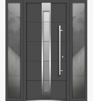 Front Exterior Prehung Steel Door / Deux 1717 Gray Graphite / 2 Side Exterior Windows / Stainless Inserts Single Modern Painted-W16+36+16" x H80"-Left-hand Inswing