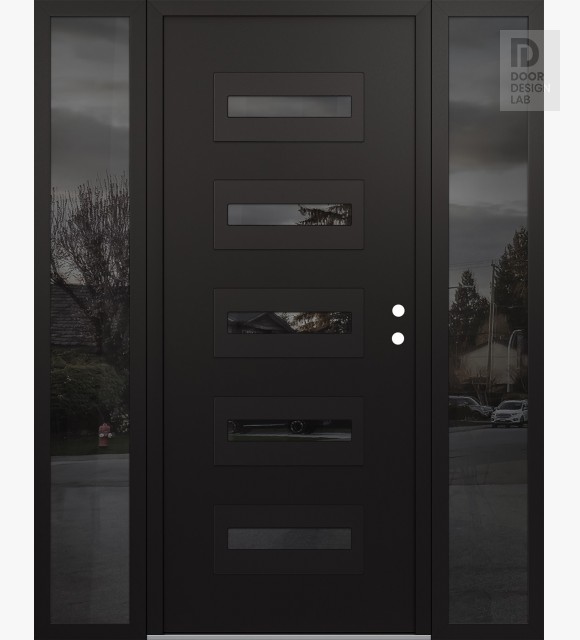 Modern Steel Front Door Diamond D4 68" x 80" black/black mirrored Glass Panel black LHI with 2 Sidelites mirrored Glass