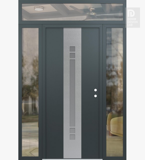 Modern Steel Front Door DIAMOND A4 68" X 96" ANTHRACITE/ANTHRACITE FROSTED GLASS PANEL STAINLESS STEEL LHI WITH 2 SIDELITES AND TRANSOM CLEAR GLASS
