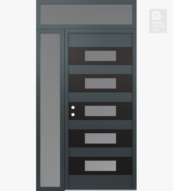 Modern Steel Front Door Diamond D5 48" x 96" anthracite/anthracite frosted Glass Panel black RHI with Sidelite and Transom frosted Glass