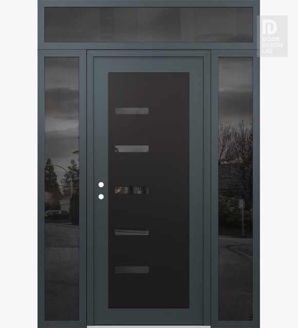 Modern Steel Front Door Diamond C8 68" x 96" anthracite/anthracite mirrored Glass Panel black RHI with 2 Sidelites and Transom mirrored Glass